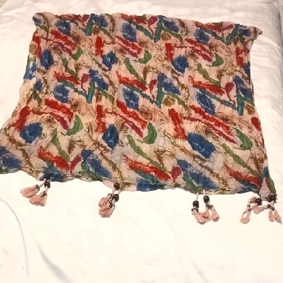 Pretty Angel Linen Scarf with Multicolor Pattern and Beads, NWT - Picture 1 of 8